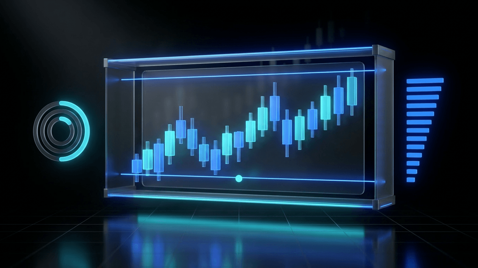 A 3D futures candlestick chart enclosed in a transparent blue guardrail framework with account health and risk tier indicators