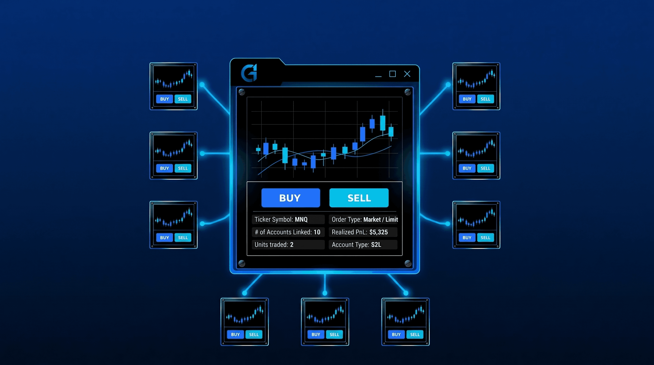 GenOne master trading console with BUY/SELL controls connected to ten linked copy accounts arranged around it